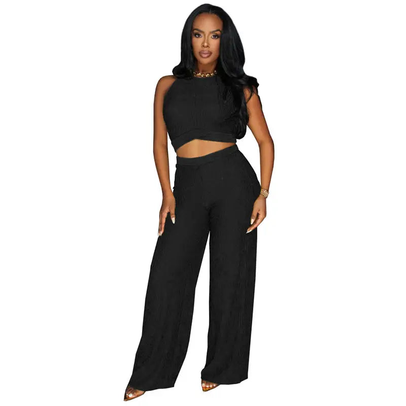 Slay Monday-Friday! 2 Two Piece Knit Sleeveless Crop Top and Flare Wide Leg Pants Set