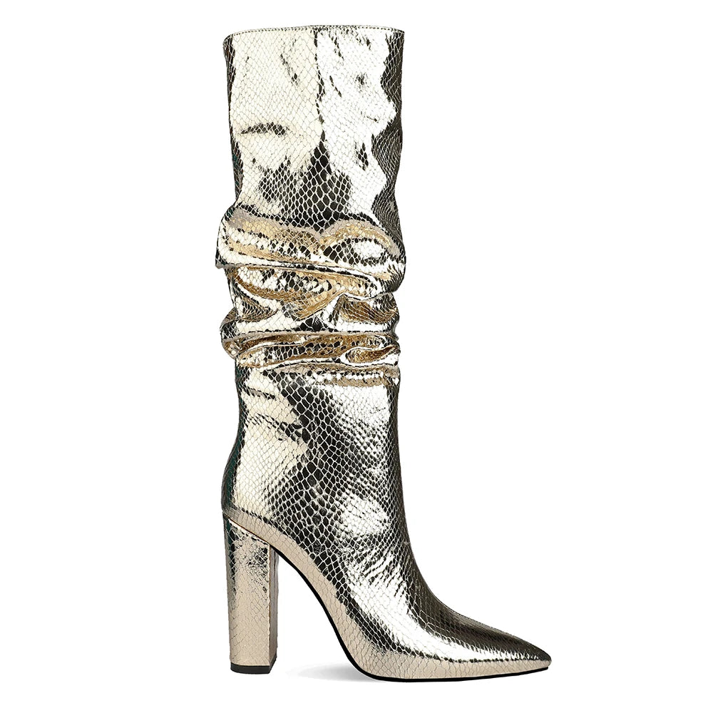 "When She Walks She Gets There!" Faux Snakeskin Leather Knee High Heels Boots