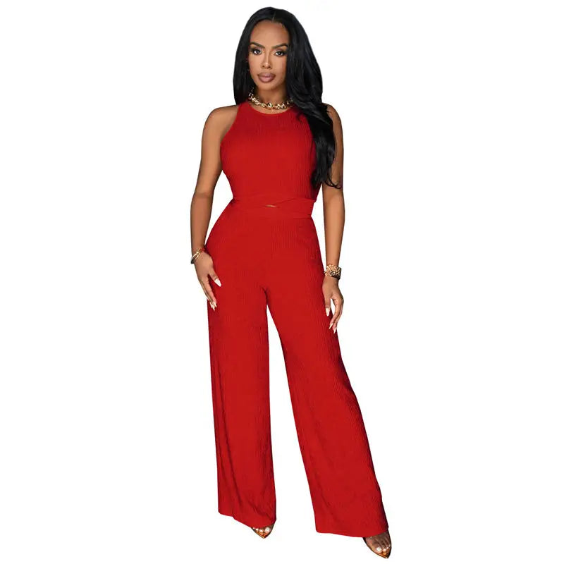 Slay Monday-Friday! 2 Two Piece Knit Sleeveless Crop Top and Flare Wide Leg Pants Set