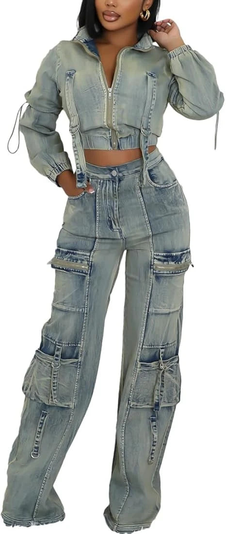 Never Pressed Crop Jacket & Cargo Jeans Set