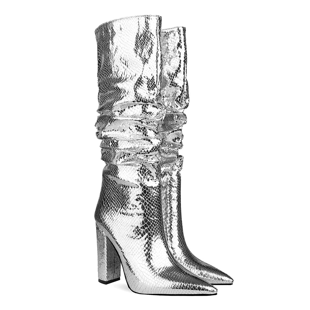 "When She Walks She Gets There!" Faux Snakeskin Leather Knee High Heels Boots