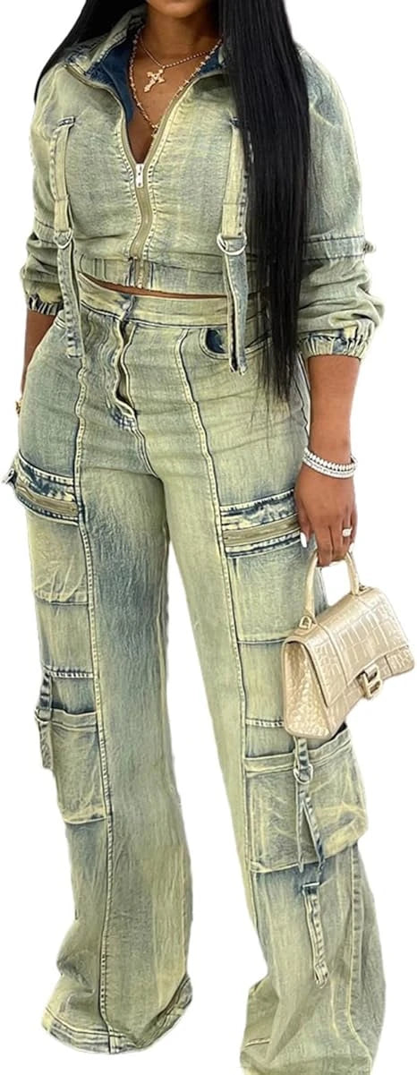 Never Pressed Crop Jacket & Cargo Jeans Set