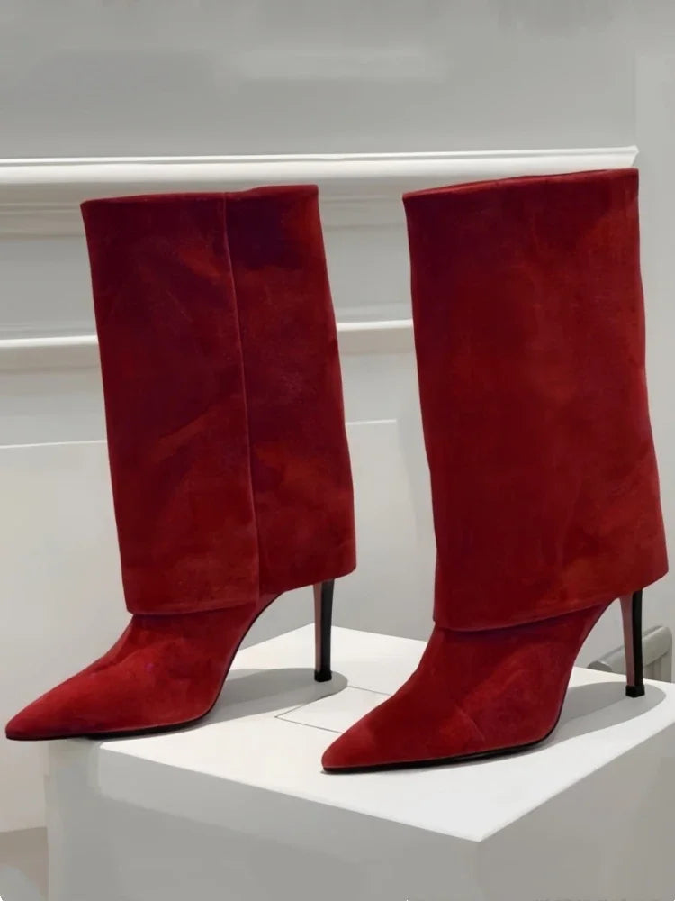 Never Letting Up!  Flanged Skirt Suede Boot Heels