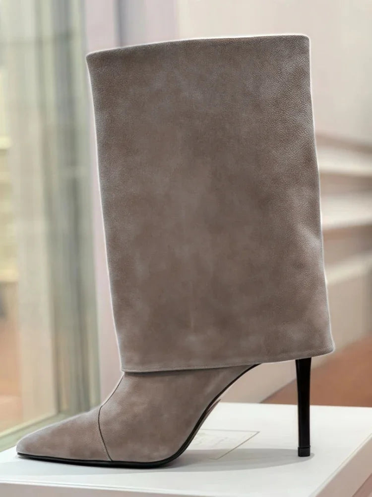 Never Letting Up!  Flanged Skirt Suede Boot Heels
