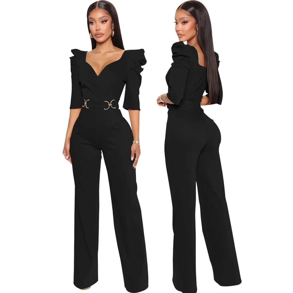 Never Lacking! Solid Color V-Neck Jumpsuit