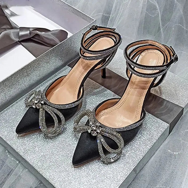 Foot on Necks! Silk Rhinestone Bowknot Heels