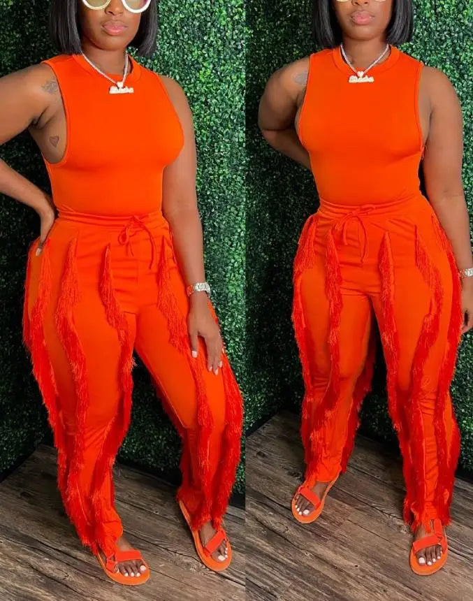 "Girl You Got It"  Casual Tank Top & Tassel Drawstring Pants Set