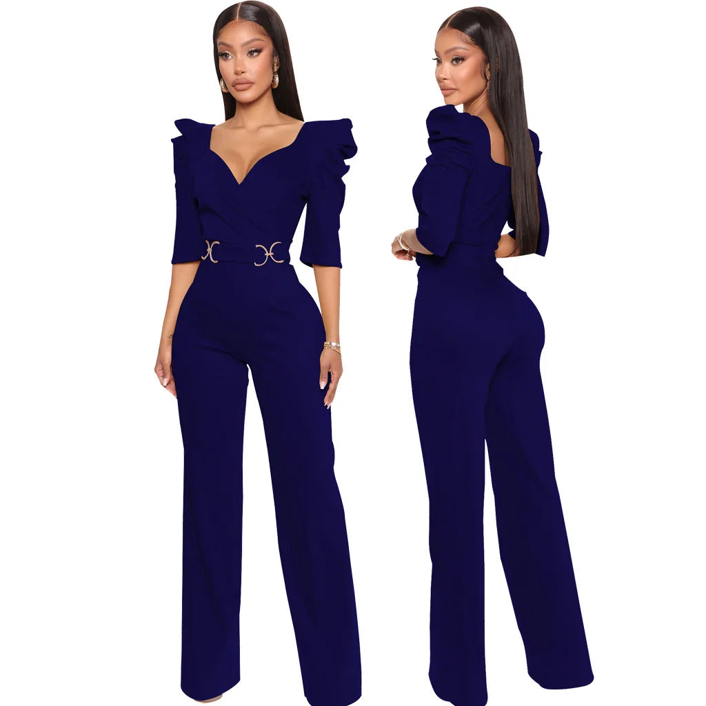 Never Lacking! Solid Color V-Neck Jumpsuit