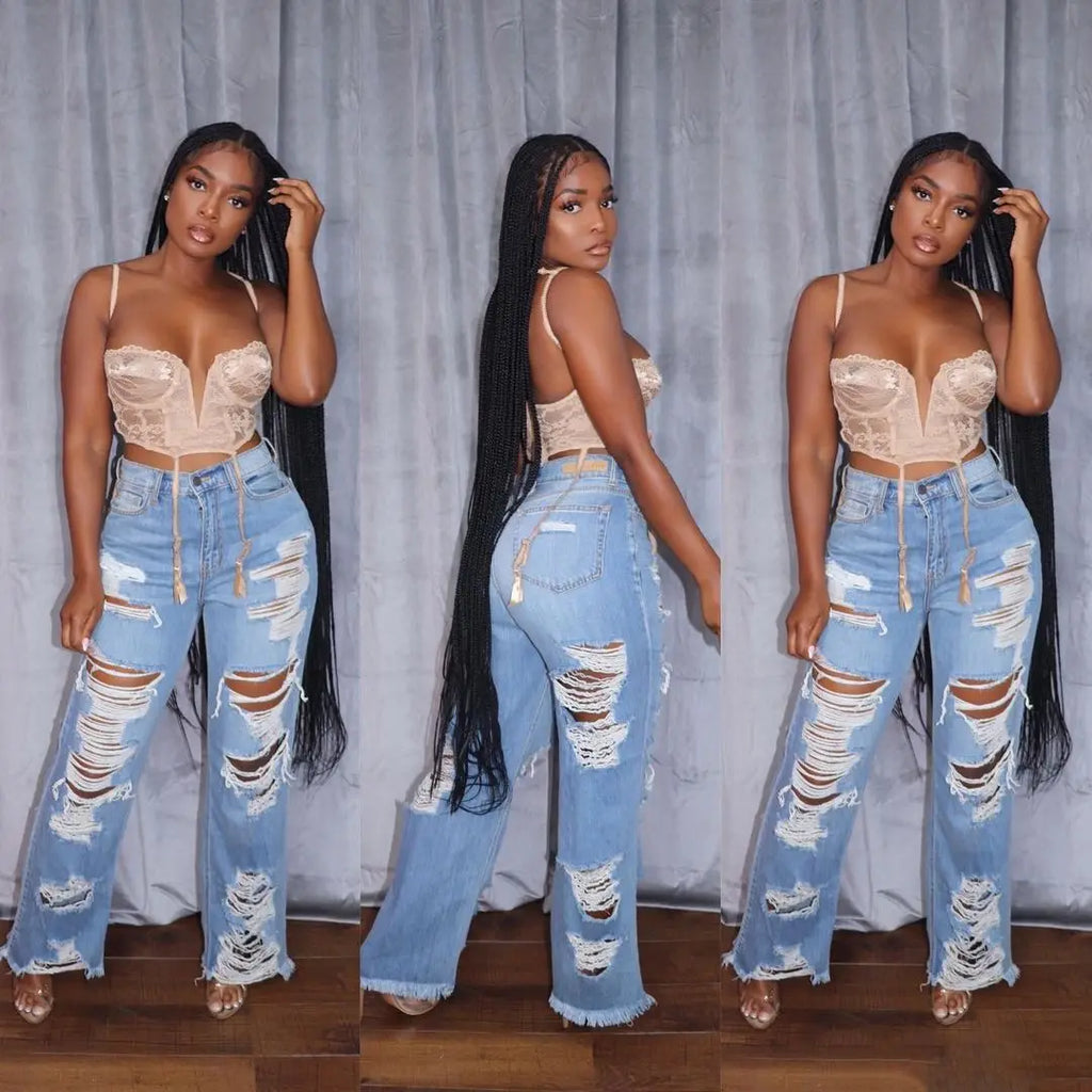 Work Hard, Play Harder. High Waist Straight Leg Denim Bottoms