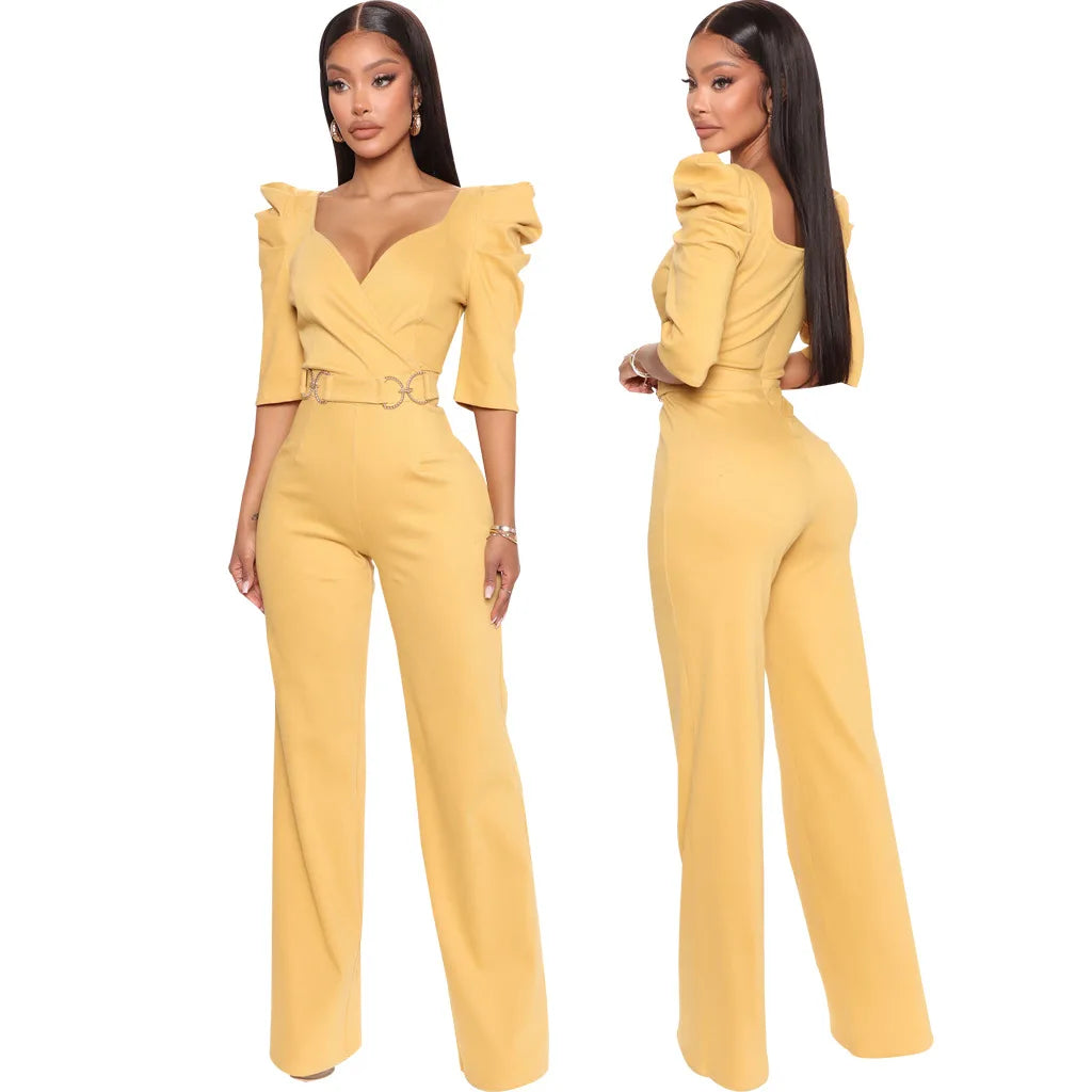 Never Lacking! Solid Color V-Neck Jumpsuit