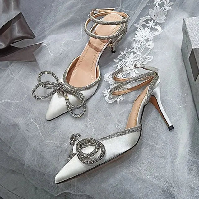 Foot on Necks! Silk Rhinestone Bowknot Heels