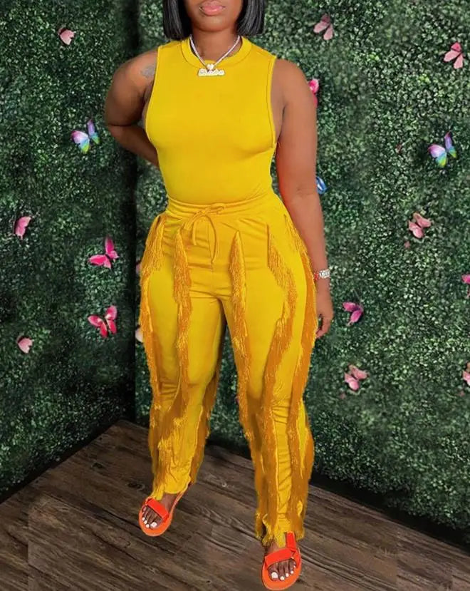 "Girl You Got It"  Casual Tank Top & Tassel Drawstring Pants Set
