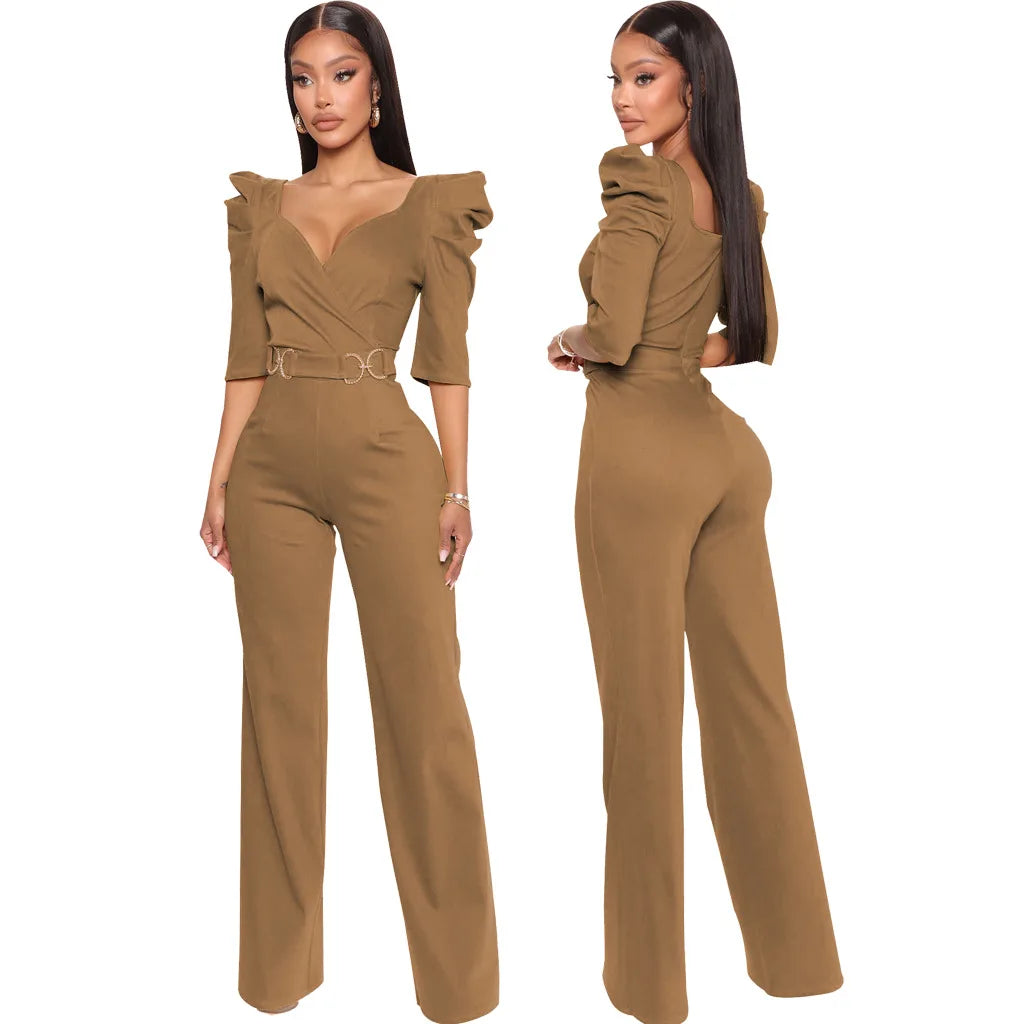 Never Lacking! Solid Color V-Neck Jumpsuit