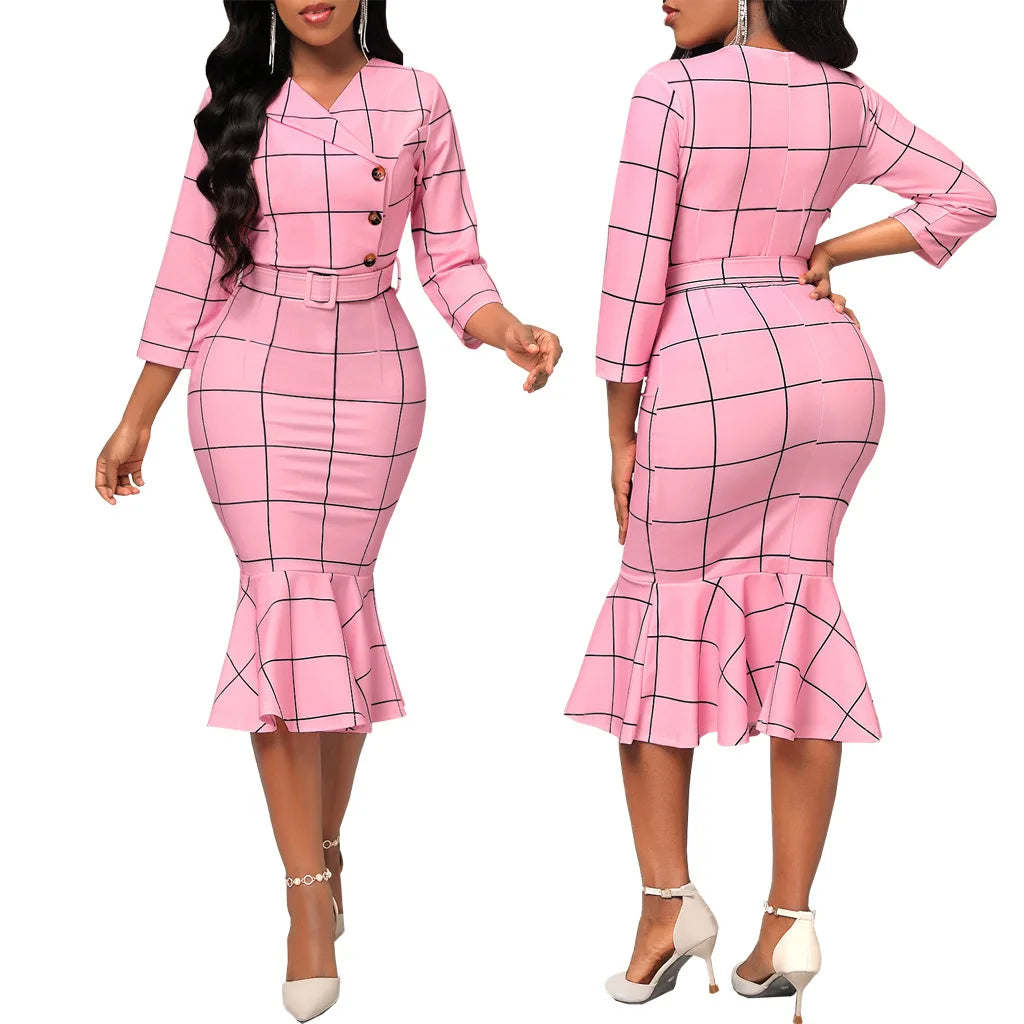 Make Way! Solid V-neck Belted Dress