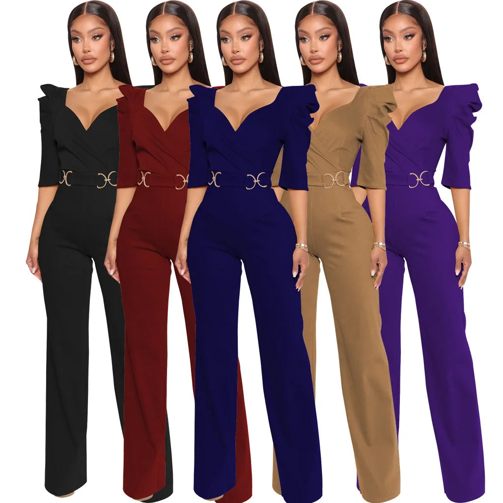 Never Lacking! Solid Color V-Neck Jumpsuit