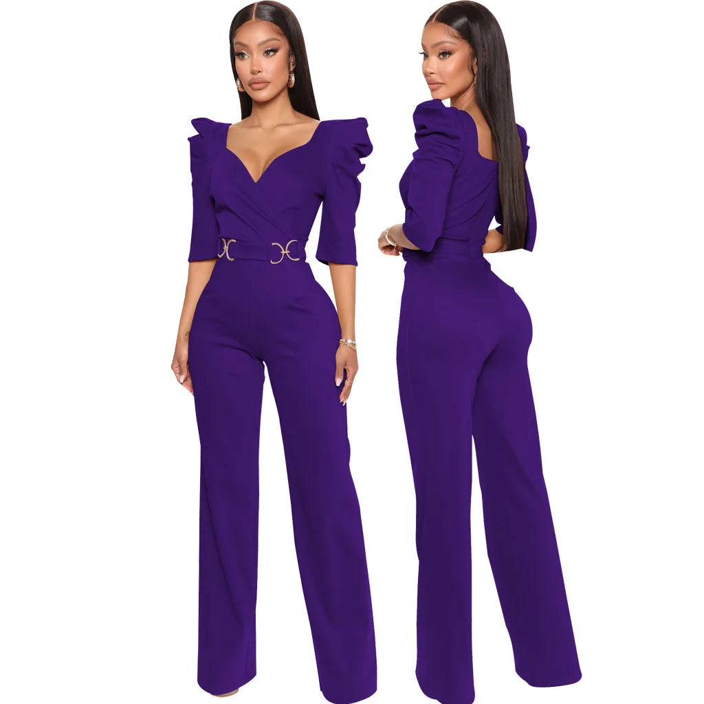 Never Lacking! Solid Color V-Neck Jumpsuit