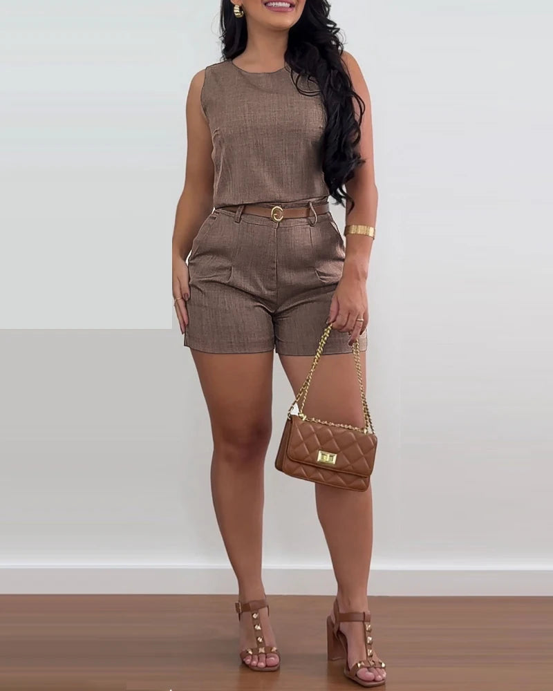 Another Day Another Dollar!  Casual 2 Piece Tank and  Ruched Shorts Set