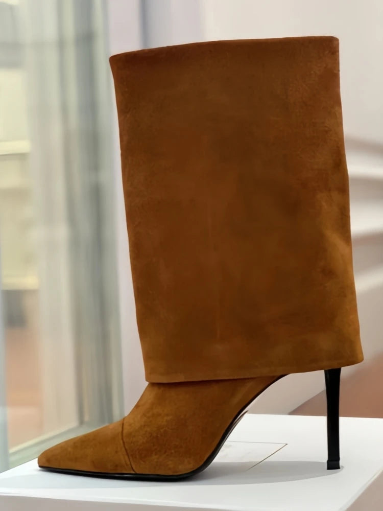 Never Letting Up!  Flanged Skirt Suede Boot Heels