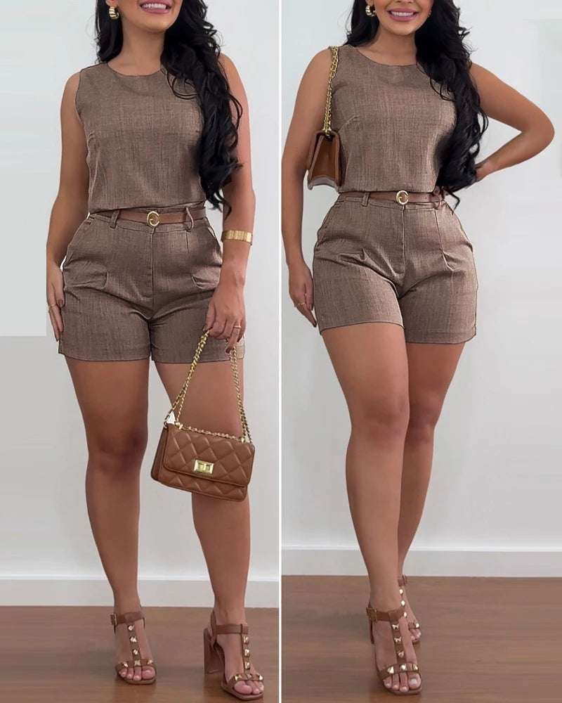Another Day Another Dollar!  Casual 2 Piece Tank and  Ruched Shorts Set