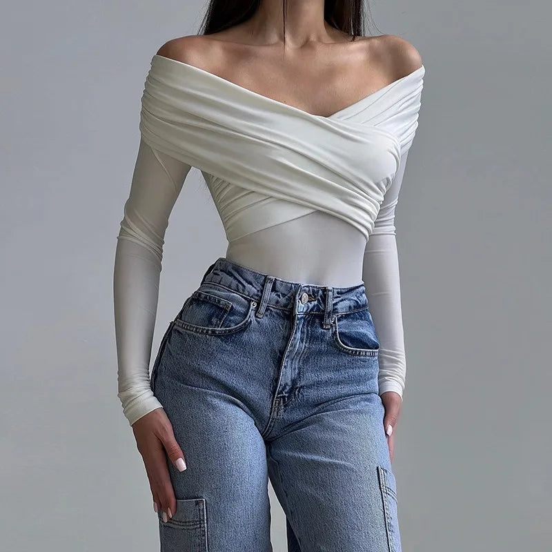 Soft Girl Era Off Shoulder Long Sleeve Bodysuit Top