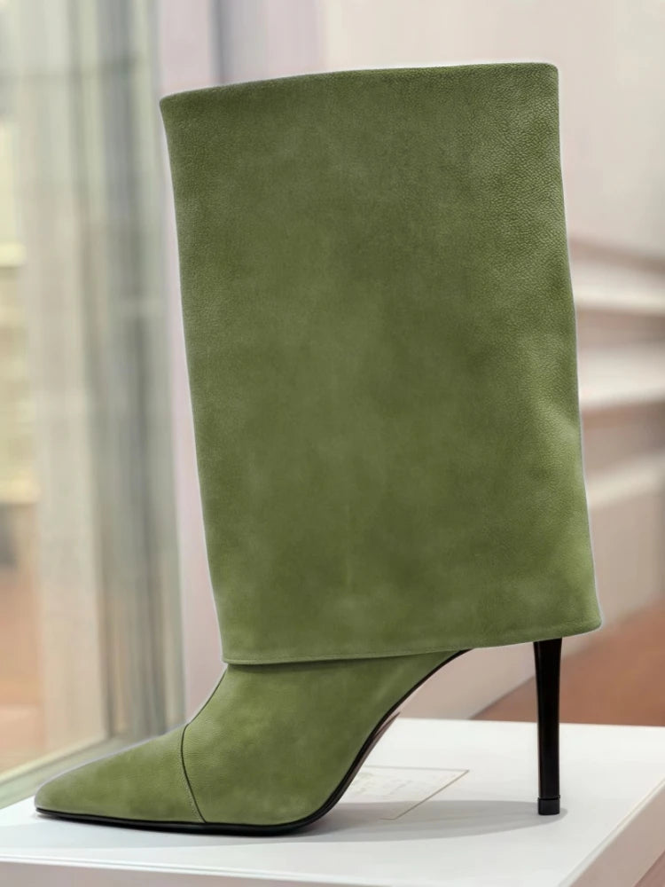 Never Letting Up!  Flanged Skirt Suede Boot Heels